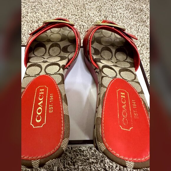 Y2K Coach Sandals Wedges Gretta Orange & Khaki Designer w/Box Vintage Fabric 8 - Picture 2 of 11